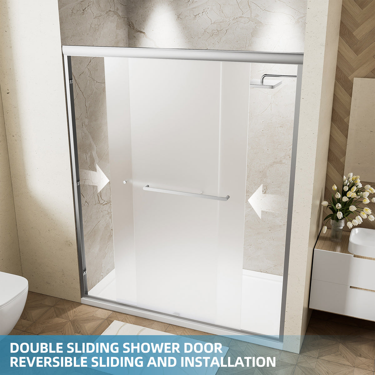 56-60" W x 72" H Framed Double Sliding Shower Door, 1/4" (6mm) Frosted Ultra-Clear Tempered Glass with nano self-cleaning coating, Brushed Nickel Finish, Reversible Installation