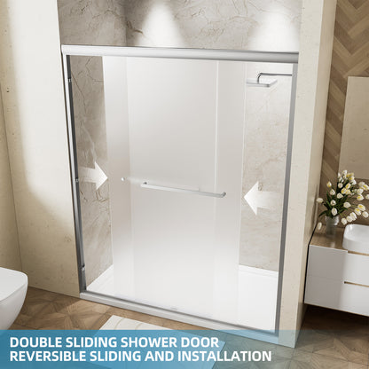 56-60" W x 72" H Framed Double Sliding Shower Door, 1/4" (6mm) Frosted Ultra-Clear Tempered Glass with nano self-cleaning coating, Brushed Nickel Finish, Reversible Installation