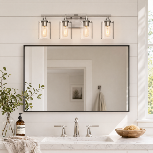 4-Light Brushed Nickel Silver Bathroom Wall Vanity Light, Easy Clean Metal Lamp with Clear Glass Shade for Washroom Kitchen Sink(No light bulb)
