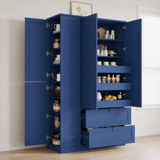 TOPMAX 73.6' Tall Farmhouse Kitchen Pantry Cabinet with 8 Shelves, 2 Drawers, 3 Pull-Out Trays, 4 Doors and Side Cabinets for Kitchen & Dining Room, Blue
