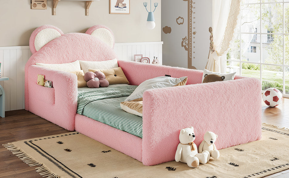 Twin Upholstered Kids Bed, Cute BearShaped Upholstered Floor bed, Children Bed Frame with Removable MagicTape Headboard, Low Floor Bed for Kids,White&Pink
