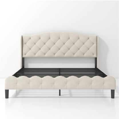 King Size Upholstered Platform Bed Frame with Velvet Tufted Headboard, Heavy Duty Metal Slats Support, No Box Spring Needed, Modern Wingback Design, Cream Beige
