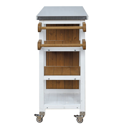 Foldable Outdoor Kitchen Island with Stainless Steel Worktop and Wood Frame, White+Brown, Portable Prep Station
