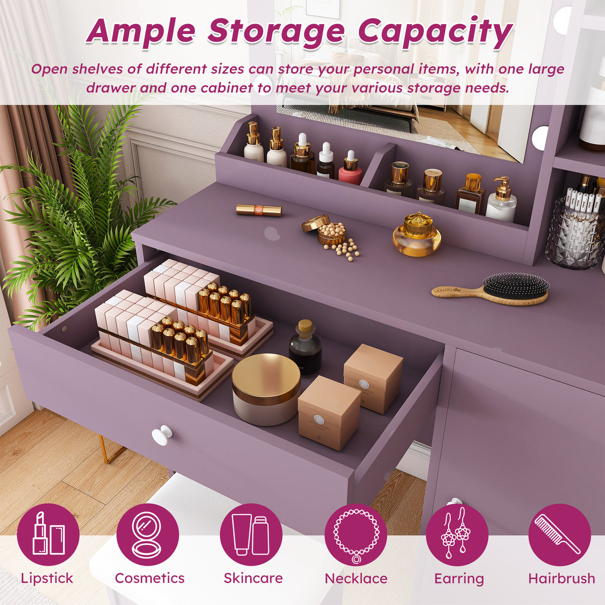 Modern Purple Vanity Desk Set with Padded Stool and Adjustable LED Mirror, 3 Color Light Modes, MDF Construction