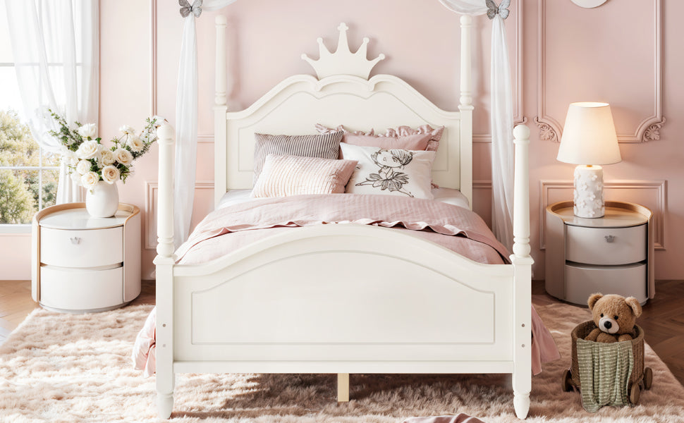 Full Size Crown Shaped Platform Bed, Four Poster Stylish Wooden Bed Frame, Elegant Curved Headboard Bed Frame For Bedroom,Beige