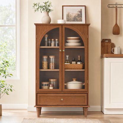 Vintage Farmhouse Arched Glass Accent Cabinet, MDF Real Wood Veneer Display Storage Cabinet with Solid Wood Legs, Adjustable Shelves & Drawer, Antique Glaze Finish