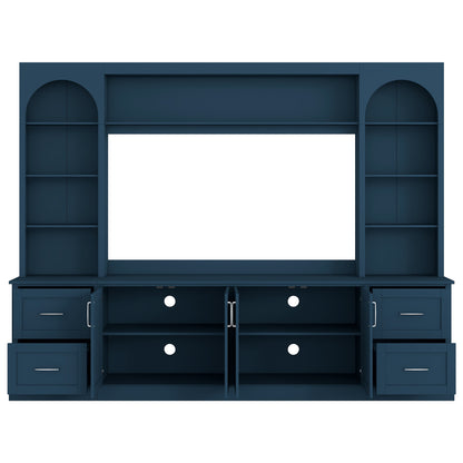 Modern Arched Entertainment Center Wall Unit with Drawers, Farmhouse TV Stand with Cable Holes for TVs Up to 65", Multifunctional All-in-One TV Console with Adjustable Shelves for Living Room, Blue