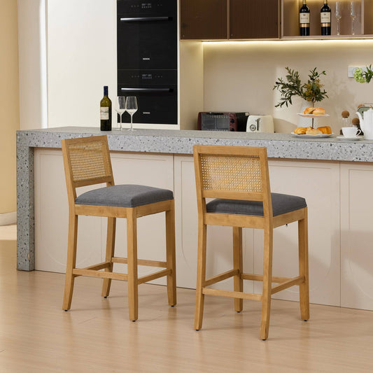 Full Solid Wood Rattan-Back Bar Stool, Matte Linen Cushion with High-Resilience Foam & S-Springs