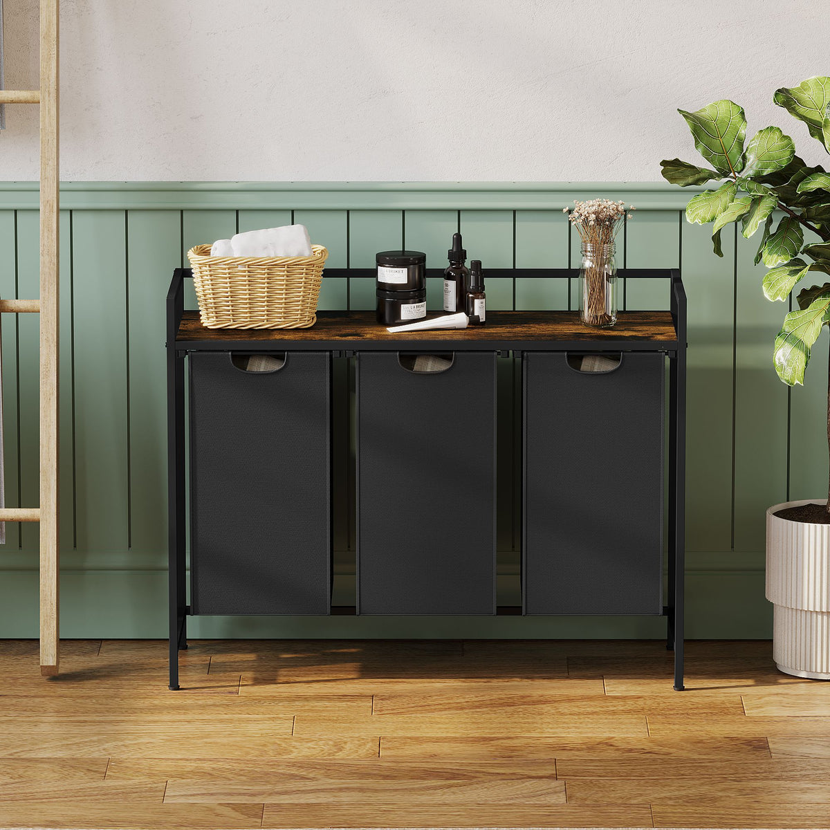 Laundry Hamper with Shelf, 3-Bin Laundry Sorter with Wood Top, Double Hamper with Removable Fabric Bags, Metal Frame, Freestanding Clothes Organizer for Bedroom, Bathroom, or Laundry Room
