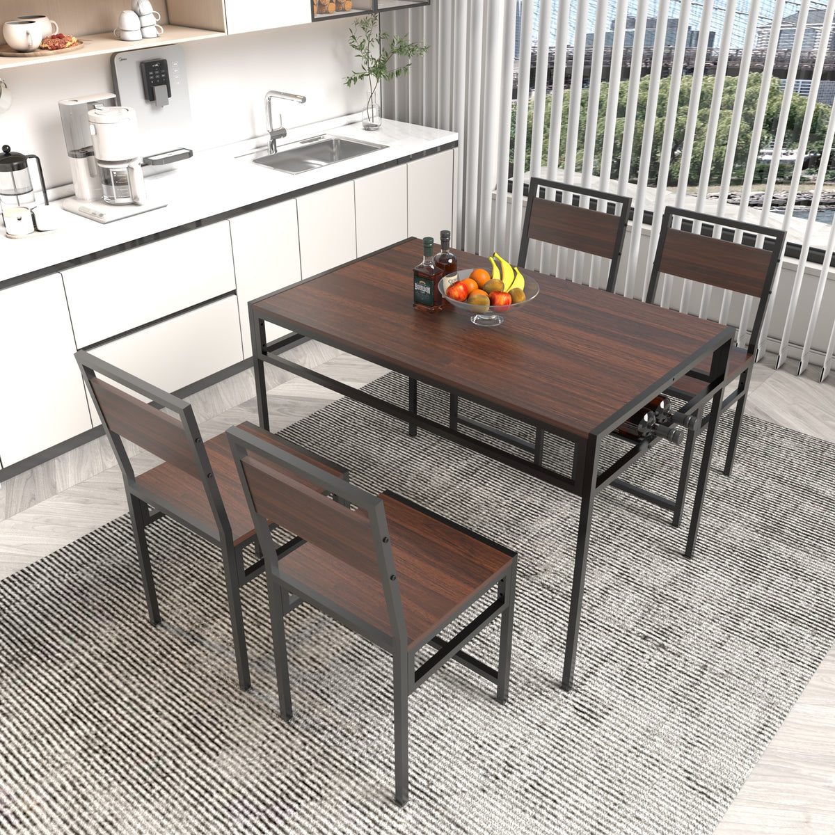 4-Piece Rectangular Dining Table Set with 4 Chairs, Industrial Wood Grain Kitchen Table with Built-in Wine Storage Rack, Space Saving Metal Frame Dinner Furniture for Apartment Kitchen Dining Room