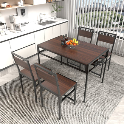 4-Piece Rectangular Dining Table Set with 4 Chairs, Industrial Wood Grain Kitchen Table with Built-in Wine Storage Rack, Space Saving Metal Frame Dinner Furniture for Apartment Kitchen Dining Room