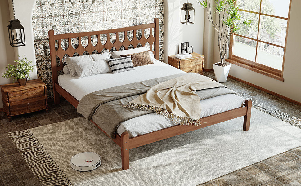 Queen Size Bamboo Platform Bed with Diamond-shaped headboard, Solid Bamboo-made Bed Frame with Support Slats, for Bedroom, Guest Rooms, Brown