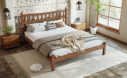 Queen Size Bamboo Platform Bed with Diamond-shaped headboard, Solid Bamboo-made Bed Frame with Support Slats, for Bedroom, Guest Rooms, Brown