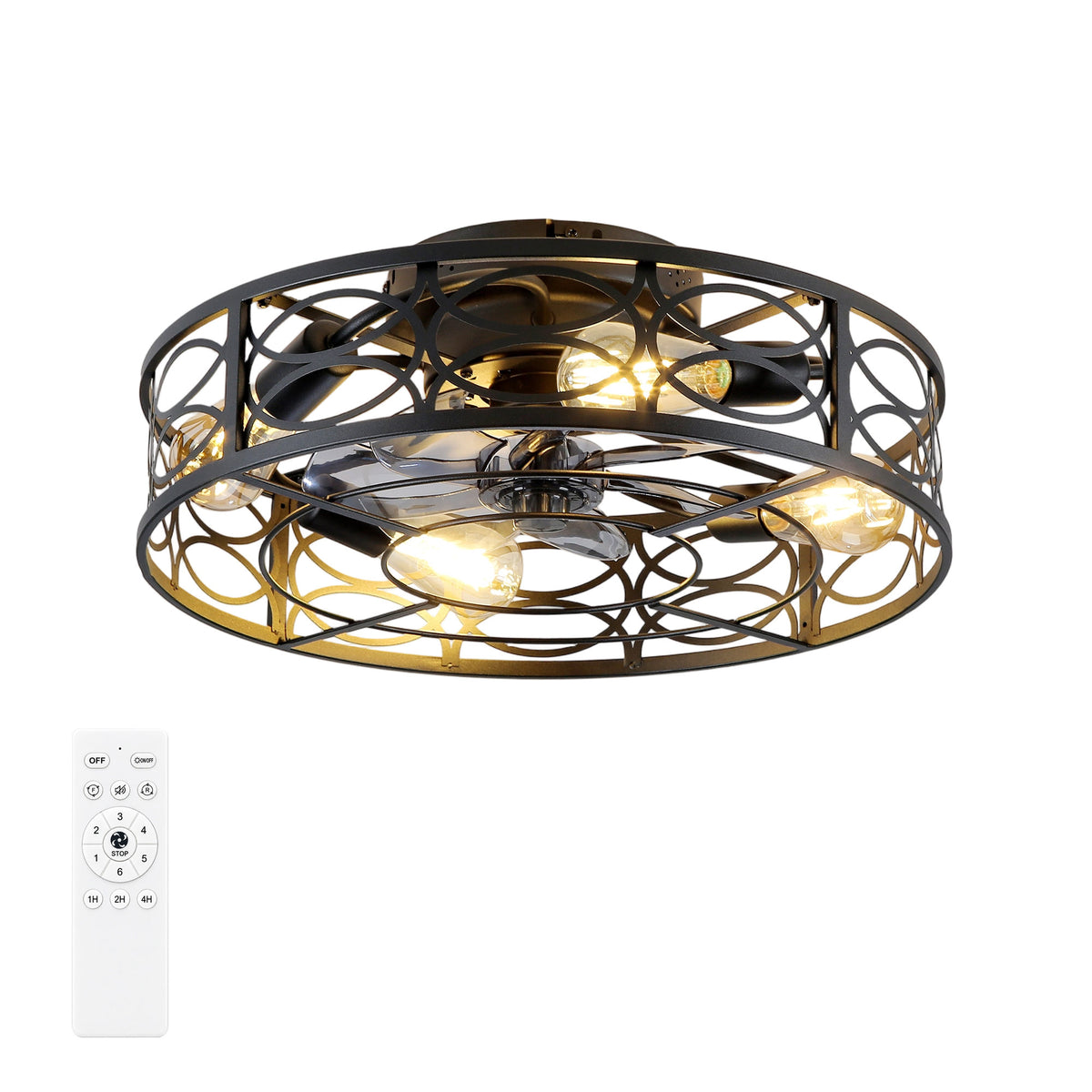 20 Inch Low Profile Caged Flush Mount Ceiling Fan with Light, Hollow Floral Metal Enclosed Fan, 6‑Speed Reversible Motor with Remote Control, Farmhouse Fan for Bedroom Kitchen Hallway Indoor
