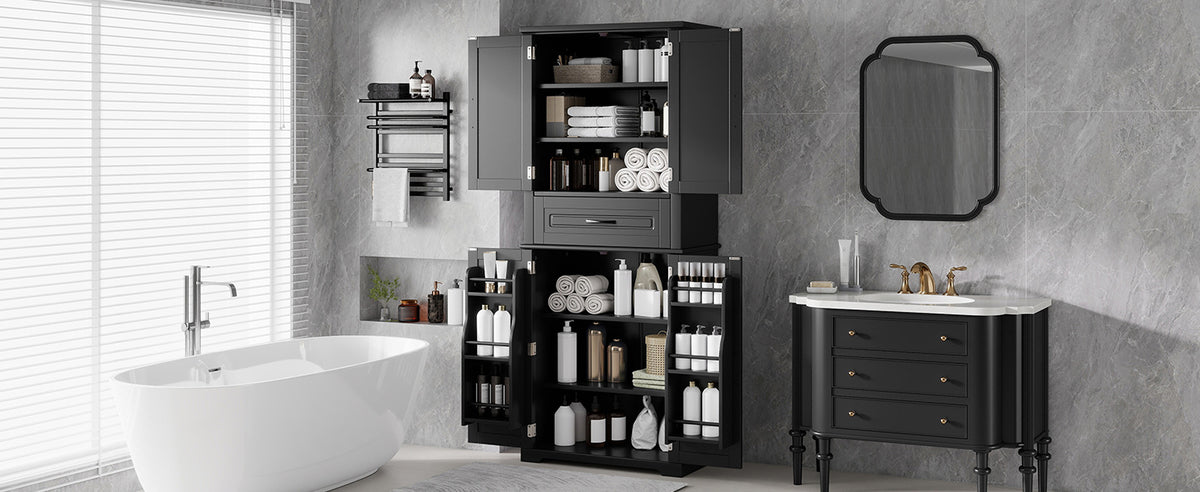 [Video] Bathroom Storage Cabinet with Multi-Functional Storage Space, Drawer with Slide Rails, Adjustable Shelf, Black
