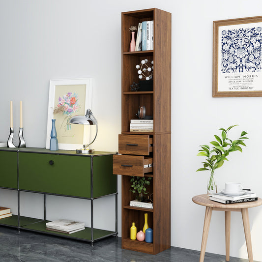 Tall Narrow Bookshelf, Slim Floor-Standing Storage Cabinet with 2 Drawers & 5 Open Shelves, Display cabinet for Living Room, Bedroom, Bathroom
