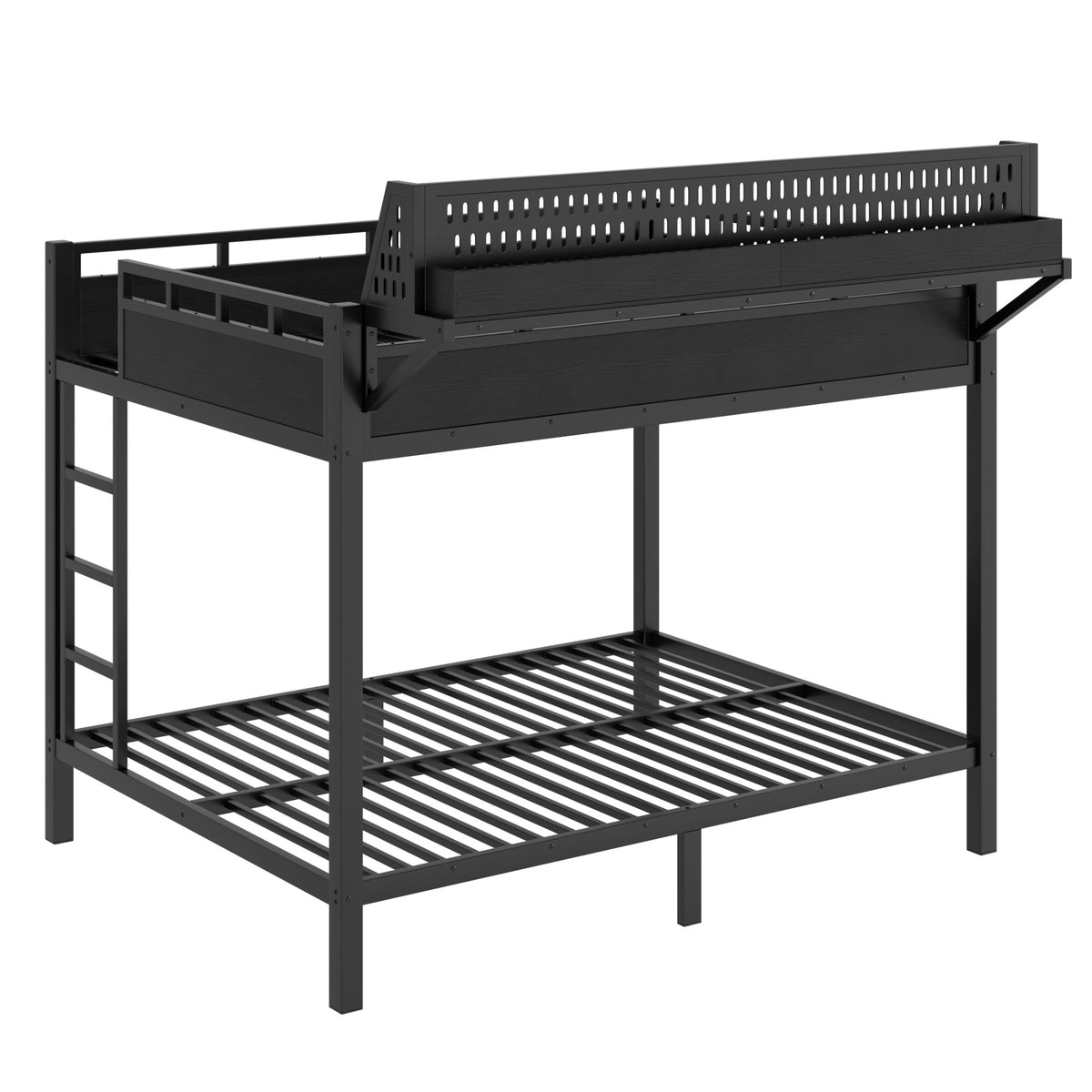 Queen over Queen Size Metal Bunk Bed with Storage Shelves and Pegboard, Bunk Bed Frame with USB Ports and LED Lights, Space-Saving, for Teens and Adults, Black