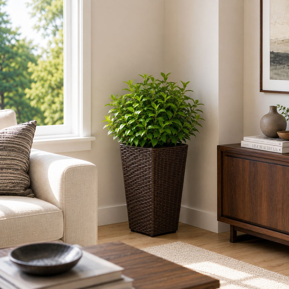 SOLHOME 19.7" Tall Poly Rattan Planter, Brown Tapered Plant Pot with Steel Frame – Indoor Outdoor Decorative Planter with PP Insert, Set of 2 Planters