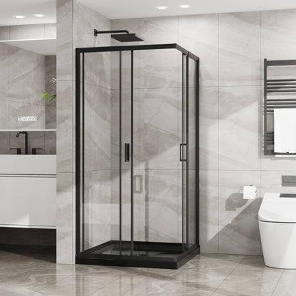 36" x 36" x 72" Corner Sliding Shower Door and Black Shower Base Combo Kit, Clear Tempered Glass, Matte Black Frame Dood & Reinforced Acrylic Base Set