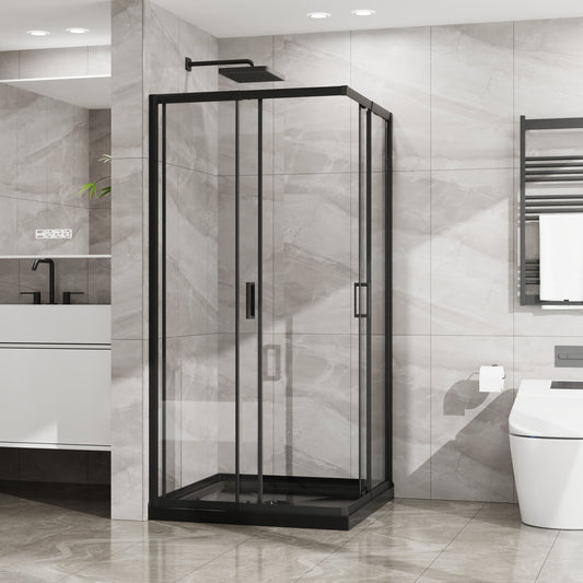 36" x 36" x 72" Corner Sliding Shower Door and Black Shower Base Combo Kit, Clear Tempered Glass, Matte Black Frame Dood & Reinforced Acrylic Base Set