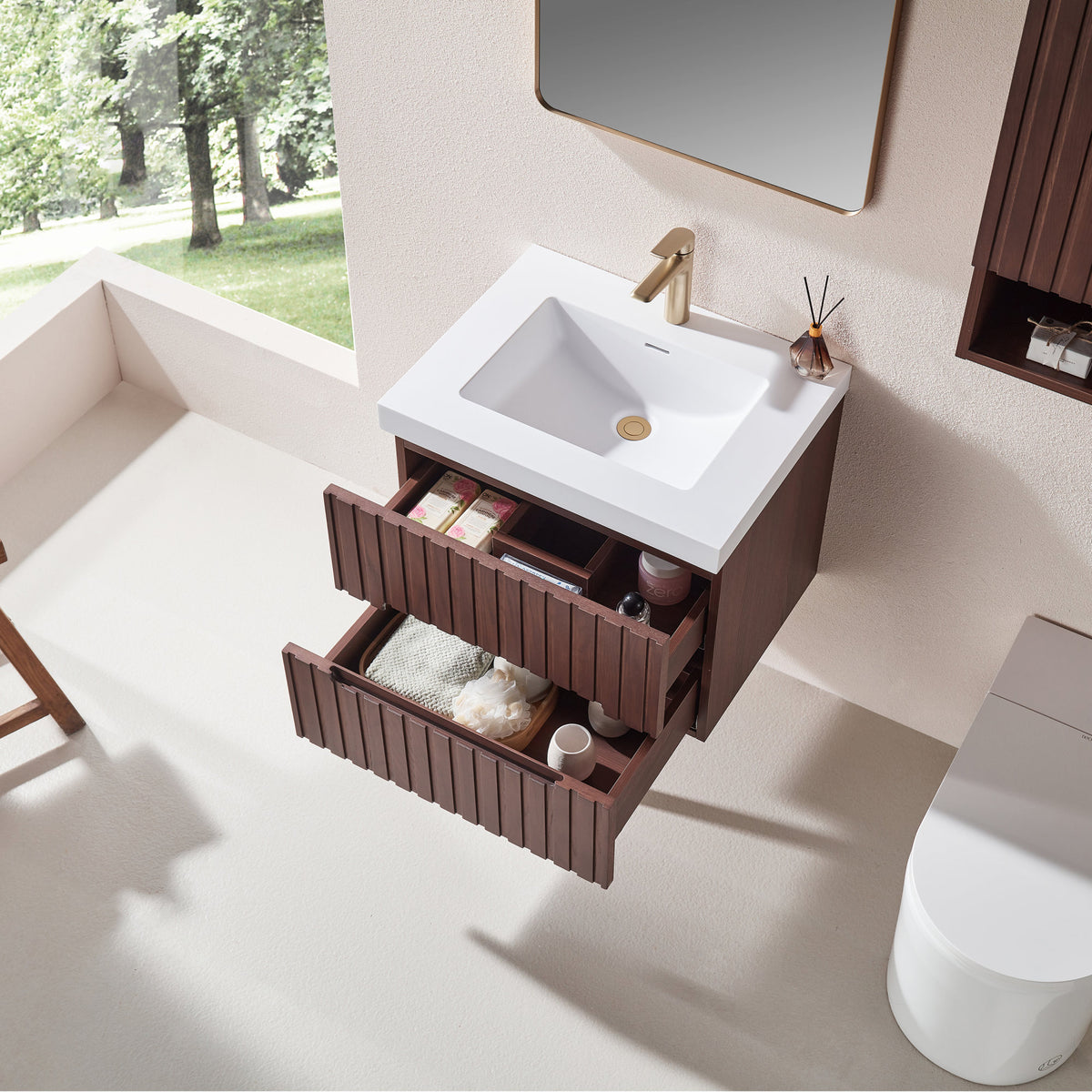 24' Wall Mounted & Floating Single Dark Walnut Bathroom Vanity with Acrylic Integrated White Basin, Pre-assembled Plywood Cabinet With 2 Drawers