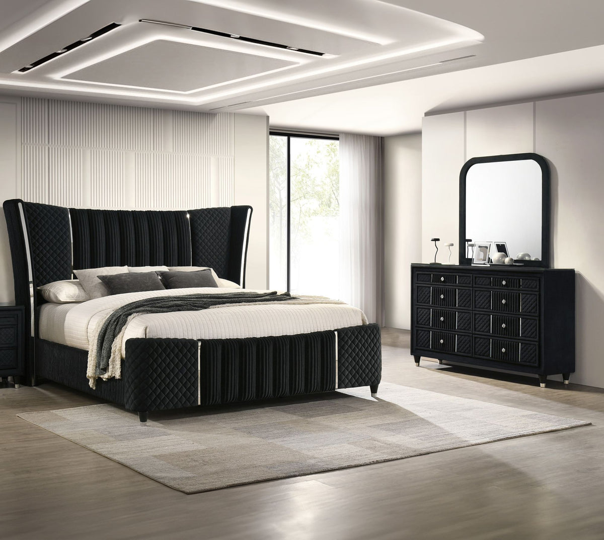 Contemporary 1pc Dresser Black Velvet Upholstery Textured Look Luxurious Feel Velvet Drawer Fronts Crystal-style Knobs