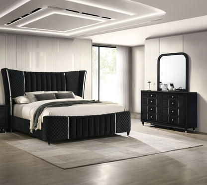 Contemporary 1pc Dresser Black Velvet Upholstery Textured Look Luxurious Feel Velvet Drawer Fronts Crystal-style Knobs