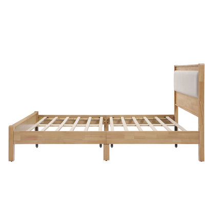 Queen Size, Solid Rubber Wooden Bed with Upholstered Headboard, Reinforced by Central Support Legs,Natural