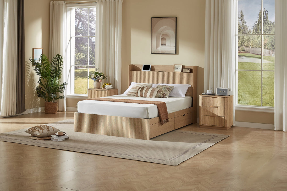 Queen Size Platform Bed Frame with 4 Storage Drawers and Built-in Charging Station, Wooden Storage Box Bed, Large Capacity Organizer Bed Frame for Bedroom,Natural