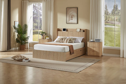 Queen Size Platform Bed Frame with 4 Storage Drawers and Built-in Charging Station, Wooden Storage Box Bed, Large Capacity Organizer Bed Frame for Bedroom,Natural
