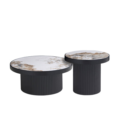 Set of 2 Coffee Table,MDF Round Coffee Table Sintered Stone Tabletop for Living Room Apartment,Leisure Area BLACK