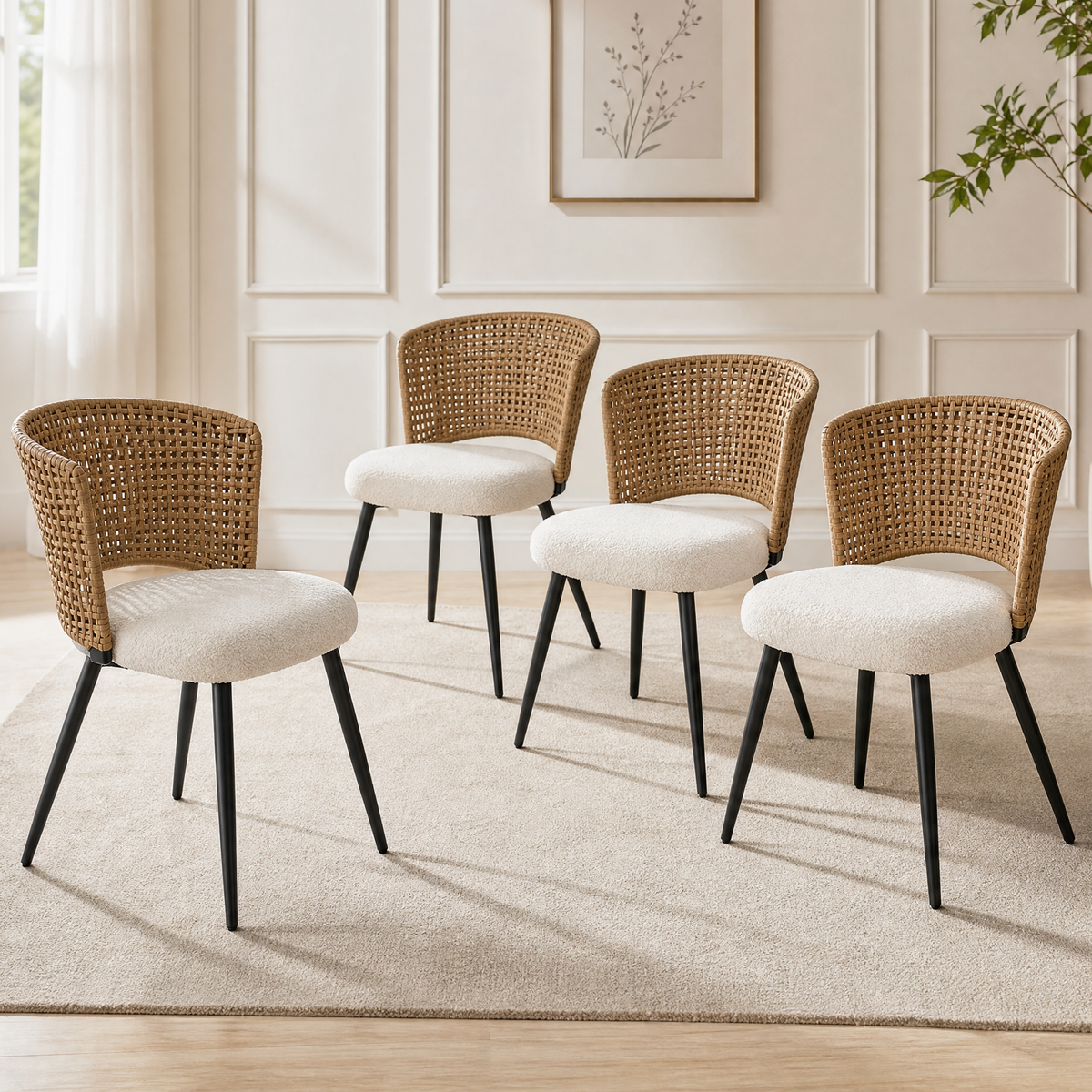 Rattan Dining Chairs Set of 4 - Farmhouse PE Rattan Kitchen Chair with Teddy Fleece Cushion, Dining Room Seat with Cane Back and Metal Legs for Home, Kitchen (Brown)