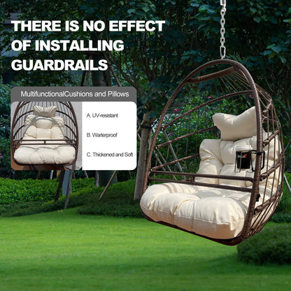 W2707P184371 Khaki Hanging Swing Egg Chair, Indoor Outdoor Anti-Aging Resin Wicker Hammock Chair with Removable Guardrail, Cup Holder, UV Resistant Thick Cushion, Foldable Lounge Chair, 350lbs Capacit