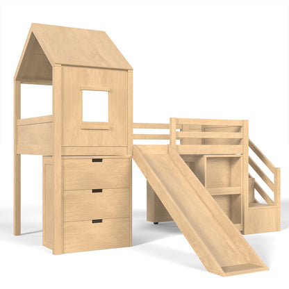 Twin Playhouse Loft Bed with Integrated Storage Drawers, Open Stair Shelves & Pull Out Desk, Kids Low House Loft Bed with Slide and Play Window, Natural