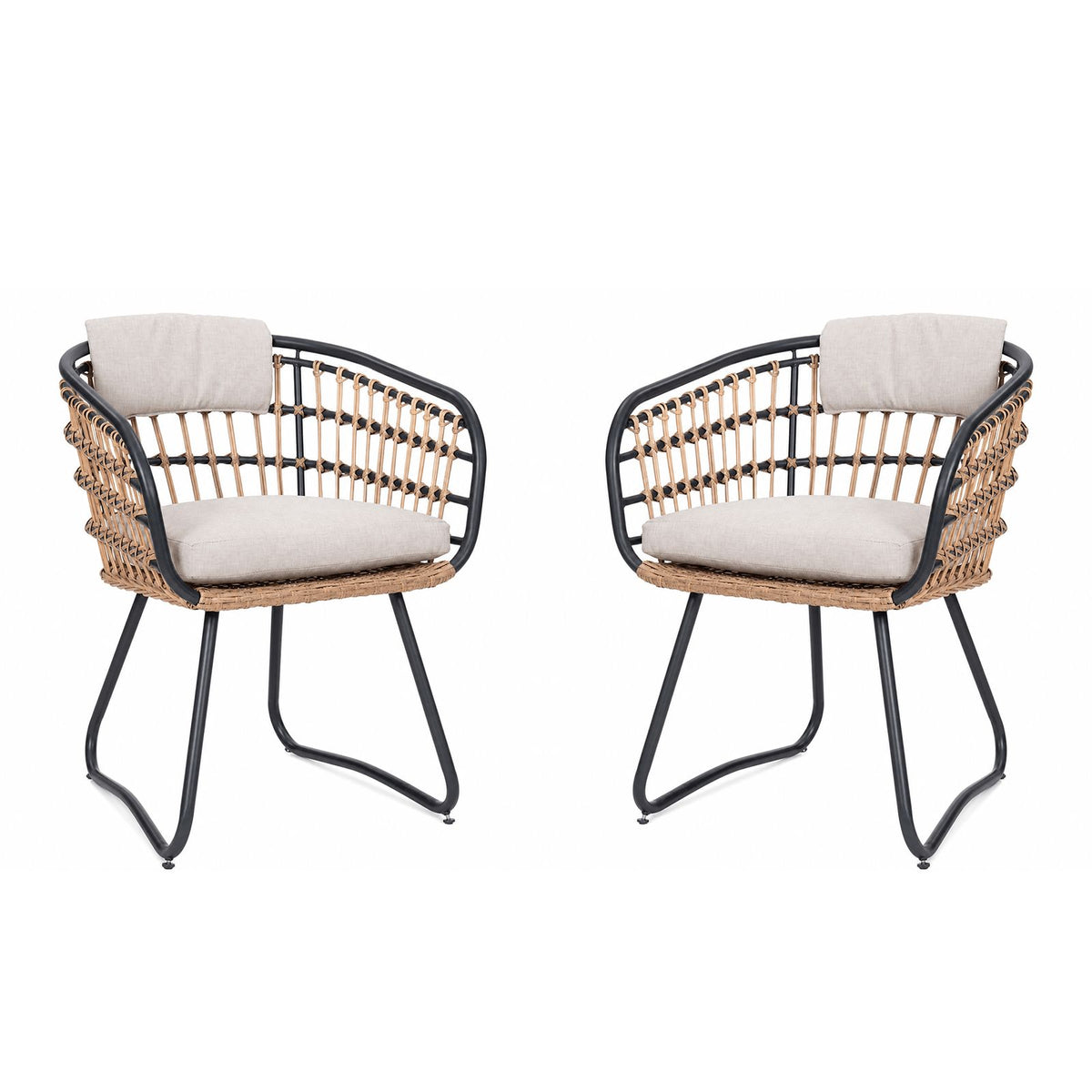 Beige PE Rattan Dining Chairs Set of 2 with Cushions, Outdoor Wicker Armchairs for Garden, Lawn, Poolside, Backyard, Porch