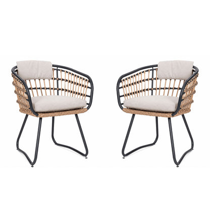 Beige PE Rattan Dining Chairs Set of 2 with Cushions, Outdoor Wicker Armchairs for Garden, Lawn, Poolside, Backyard, Porch