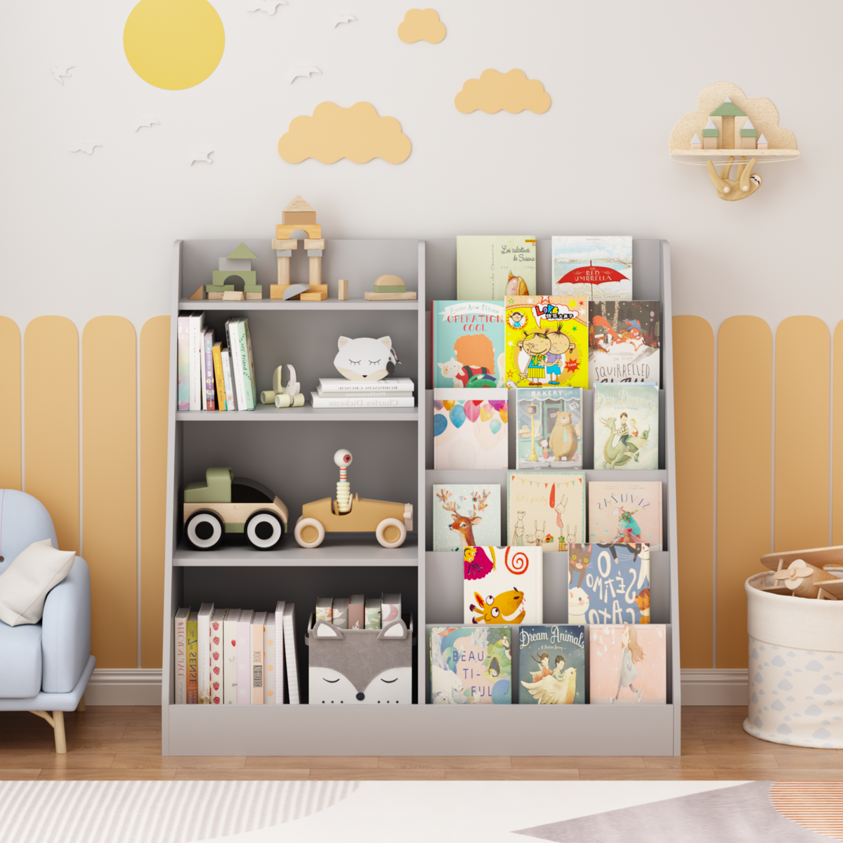 Kids Bookshelf and Toy Storage Organizer, Multifunctional 4 Tier Wooden Kids Book Shelf with Bookcase Display Stand, Children, Toddlers - Gray – Model W808P434870