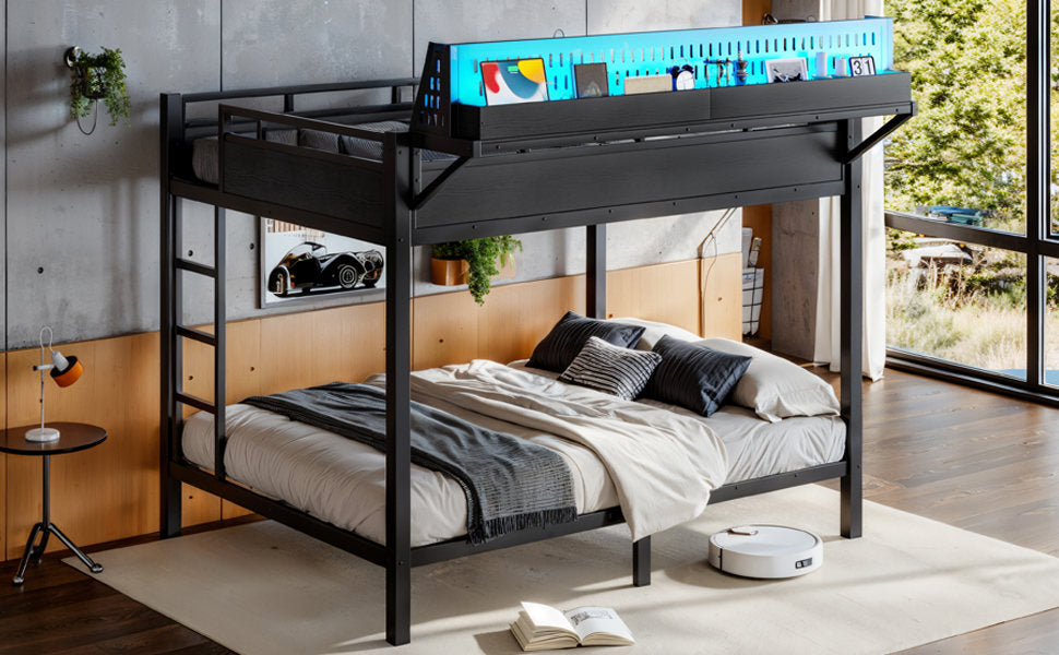 Queen over Queen Size Metal Bunk Bed with Storage Shelves and Pegboard, Bunk Bed Frame with USB Ports and LED Lights, Space-Saving, for Teens and Adults, Black