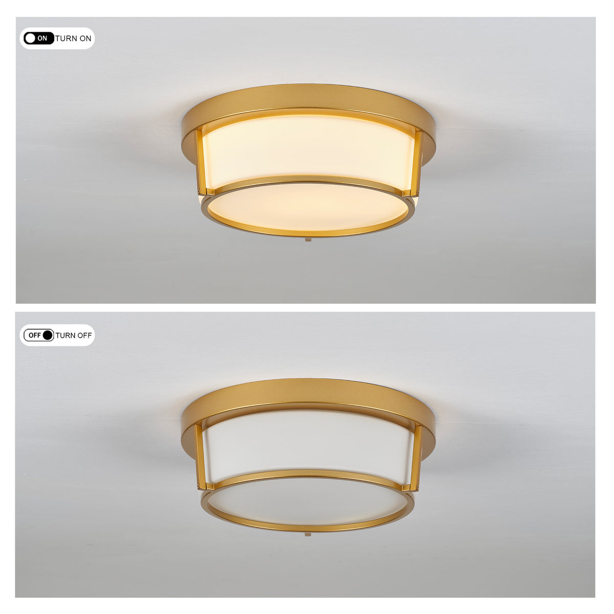 13.58" Flush Mount LED Ceiling Light, Brushed Gold Metal Frame with Glass Shade, No Remote Control
