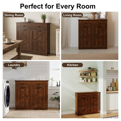 Farmhouse Double Tilt Out Trash Cabinet for 20 Gallon Trash Cans, Free Standing Recycling Cabinet with Hideaway Drawer, Barn Door Style Laundry Sorter Cabinet, Tilt Out Trash Cabinet for Kitchen