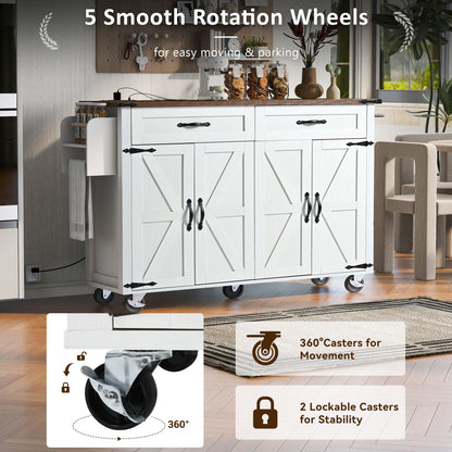 K&K 53.5''Farmhouse Kitchen Island with Power Outlet, Kitchen Storage Island with Drop Leaf, Spice Rack and Drawer
