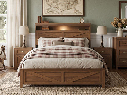 Queen size bed frame headboard with LED lights and charging station cushion platform bed frame, large bed, with headboard and hidden storage space, no box spring required, Antique,Brown