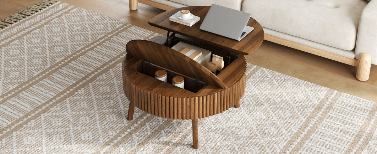 Modern Round Lift-Top Coffee Table with Half Flip-Top & Hidden Storage, Solid Wood Mid-Century Coffee Table with Fluted Design, 30.3' Walnut Space-Saving Center Table for Living Room