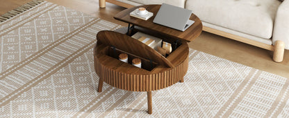Modern Round Lift-Top Coffee Table with Half Flip-Top & Hidden Storage, Solid Wood Mid-Century Coffee Table with Fluted Design, 30.3' Walnut Space-Saving Center Table for Living Room