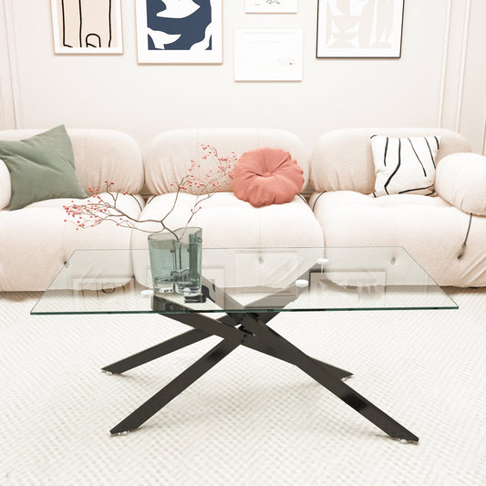 39.37' Rectangular Clear Tempered Glass Coffee Table,Stylish Design with Black Metal Legs, Coffee Table for Living Room