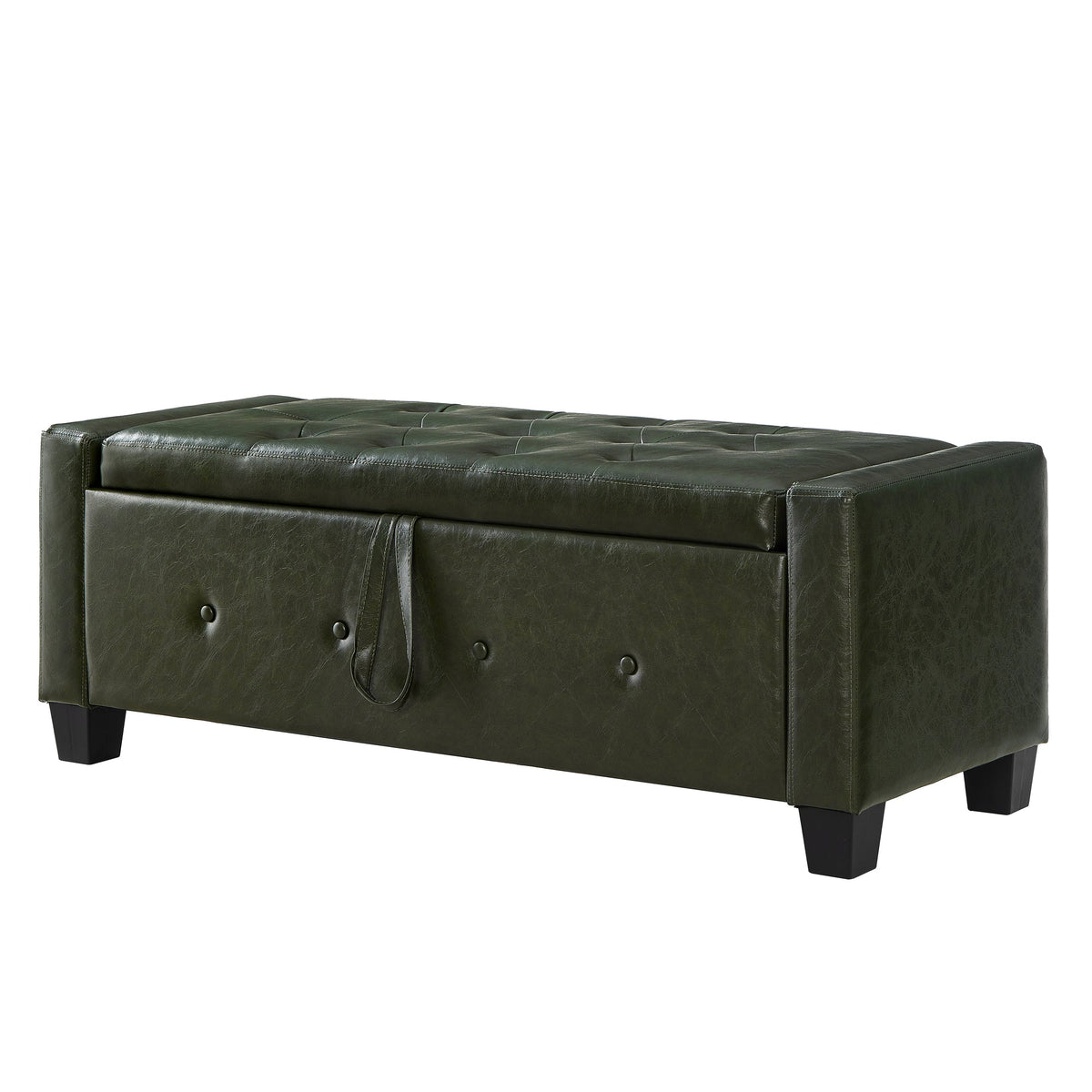 48" Ottoman Bench with Storage, Upholstered Tufted Faux Leather PU Ottoman Dark Green
