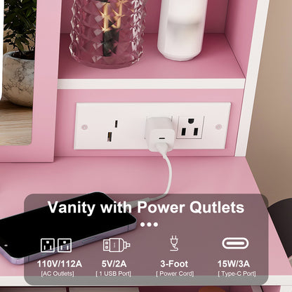 Small Makeup Vanity Desk with Mirror & Adjustable LED Lights, Built-in Power Outlet & Hidden Storage, Includes padded stool & Shelf
