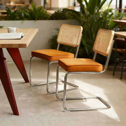 Dining Chairs Set of 2, Velvet Rattan Side Accent Chairs with Chrome Legs, Modern Mid Century Breuer Designed Chairs