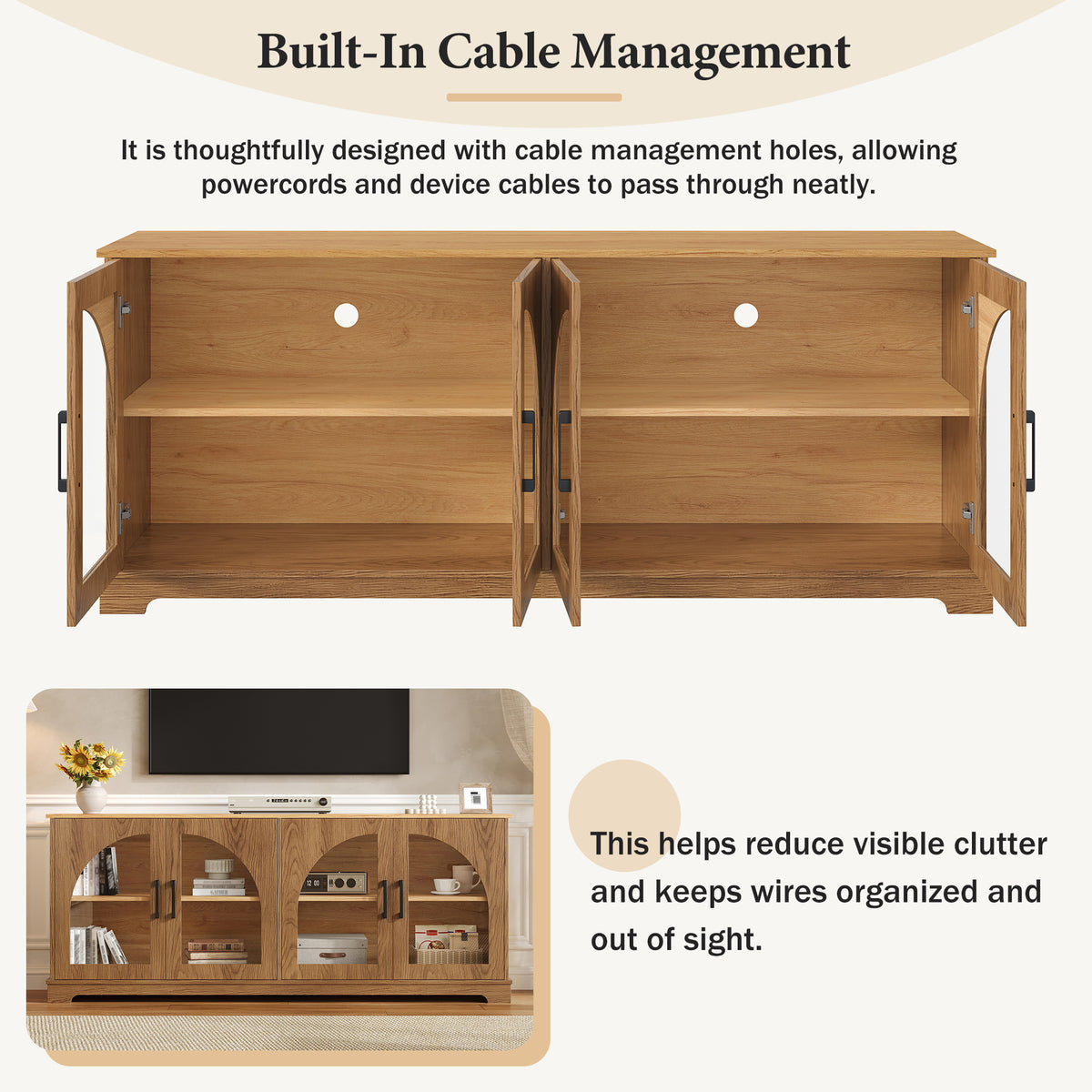 Farmhouse TV Stand with Semi-Arched Glass Doors for TVs Up to 70", Elegant Two-Tone Media Console with Adjustable Shelves, Wood Grain Sideboard with Cable Management for Living Room, Brown+Natural