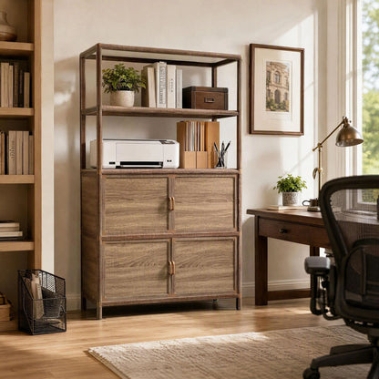 Tall Storage Cabinet with Open Shelving, 35.00" W x 16.73" D x 68.11" H, Freestanding Wood-Grain Aluminum Storage Cabinet with 4-Door Closed Storage for Kitchen, Entryway, Patio & Garage